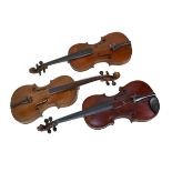 Three 19th century continental violins, comprising one with label 'Anno 1747 Carlo Bergonzi fece