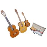 A group of guitars and ukuleles, including a Len Lewis classical guitar and associated soft case, '