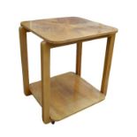 An Art Deco walnut veneered occasional table / drinks trolley, the square surface with rounded