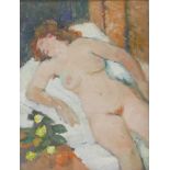 Gabor Miklossy (Romanian, 1912-1988): 'Rest' sleeping female nude oil on board, unsigned, label