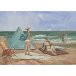 Gabor Miklossy (Romanian, 1912-1988): 'A Beach scene' oil on canvas, signed and bearing label verso,