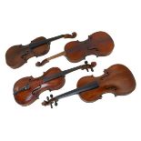 Four 19th century and later violins, including one labelled 'Petrus Guarnerius ...Cremonensis