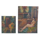 Gabor Miklossy (Romanian, 1912-1988): Two oil on board studies of female nudes, comprising 'Self-