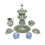 A collection of Wedgwood Jasperware items, including a lamp base of urn form decorated in the