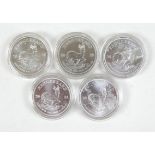 A group of five silver South African Krugerrands, each inscribed 'Fynsilwer 1oz Fine Silver R1',