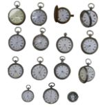 A group of silver pocket watches.