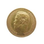 A pre-revolution Tzar Nicholas II 1897 Russian 5 ruble gold coin, 4.3g.