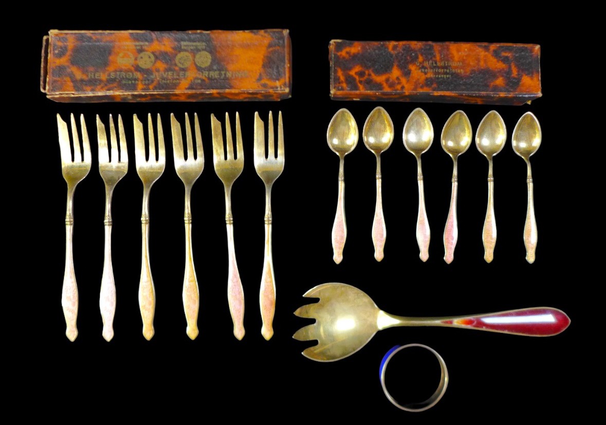 A group of 20th century silver and enamel flatware, comprising a set of six cake forks, a set of six - Image 2 of 5