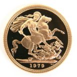 An Elizabeth II gold proof sovereign, 1979, in plastic capsule, original blue Royal Mint box of