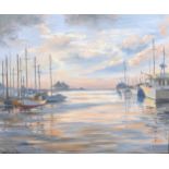 Vin Mifsud: Gibraltar Harbour, a view at sunset, dated '84, oil on canvas, 50 by 60cm, framed 76