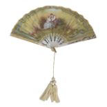 A 19th century hand-painted fan, with a depiction of two young lovers in the countryside,