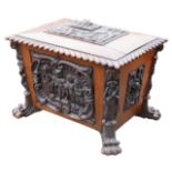A Victorian mahogany and oak wine cooler of sarcophagus form, with relief carved panels,