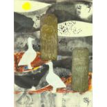 British School (20th century): 'Two Geese', abstract mixed media print on paper, with collage to