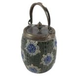 A Royal Doulton Slaters Patent stoneware barrel, with silver plated handle and cover, acorn