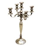 A modern white metal floor standing candleabrum, four branch plus central nozzle, 44 by 78cm high.