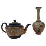 A Royal Doulton Slaters Patent stoneware teapot, decorated with a band of incised and enamelled