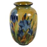 A large Doulton Impasto ware vase by Rosa Keen, the body decorated with blue iris and leaves on a