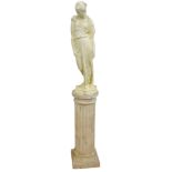 A faux marble plaster Corinthian column, 32 by 92cm high, topped by plaster sculpture of a Classical