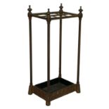 An Edwardian brass six division stick stand, with removable black painted drip tray, 30.5 by 22 by