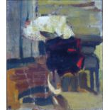 British School (20th century): 'Two Roses', an abstract, oil on board, legend verso, indistinctly