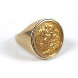 A 9ct gold coin ring, fitted with a George V gold half sovereign, 1913, size X, 11.7g.