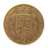 A Victoria Young Head Shield Back gold half sovereign, 1874, die number 16.