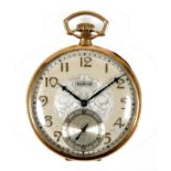 An American Elgin 14K gold cased open faced pocket watch, circa 1927, keyless wind, silvered dial
