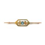 A 9ct gold and aquamarine style stone bar brooch, 2.7g, with vintage box.