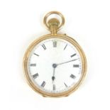 An 18ct gold open faced pocket watch, keyless wind, Roman numeral dial, 35.4g gross, a/f. The