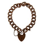 A 9ct rose gold curb link charm bracelet with heart shaped padlock clasp, 20g.