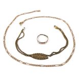 A group of three gold pieces of jewellery, comprising a 9k gold figaro link chain, 3mm wide, 40cm