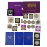A collection of coins, including a 2006 Vivat Regina silver crown, 1970 decimal set, a George III