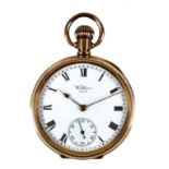 A Waltham open faced gold plated pocket watch, top wind, with Roman numeral dial, subsidiary seconds