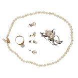 A group of pearl jewellery, comprising a necklace with a single row of pearls, each 5mm, with 9ct