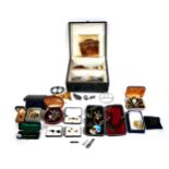 A collection of costume jewellery and collectables, including brooches, stick pins, fob chains and