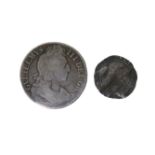 An Elizabeth I 1602 sixpence coin, heavily worn, bust obliterated, 2.6g, together with a William III