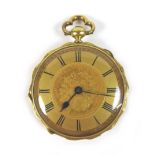 An 18ct gold cased open face pocket watch, with Roman numeral dial, key wound movement, 39.1g gross.