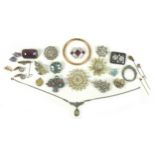 A small group of jewellery, including a 9ct gold stick pin inset with amethyst stone,1g, 5.5cm long,