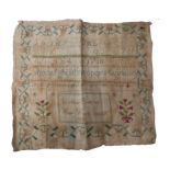 A George IV textile sampler, by Esther Reeves and dated 1828, 26 by 28cm, unframed and folded.