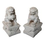 A pair of 20th century composite Temple dogs of Fo, each raised upon a stylised plinth, 31.5 by 21