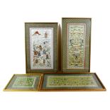 A group of four Chinese silk embroidered panels, each glazed and framed, largest 50 by 27cm, 62 by