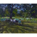 Andrew King ROI (British, b. 1956): 'Dappled Shade - St James Park', oil on board, signed, 24 by