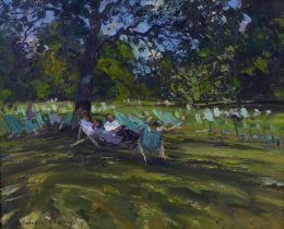 Andrew King ROI (British, b. 1956): 'Dappled Shade - St James Park', oil on board, signed, 24 by