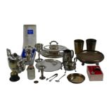 A quantity of silver plated items, including teapot, tureen and cover, tray, vases, and goblets,
