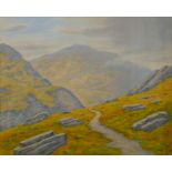 Unsigned pastel picture depicting a path in a mountainous landscape, 44 by 53.3cm, glazed and