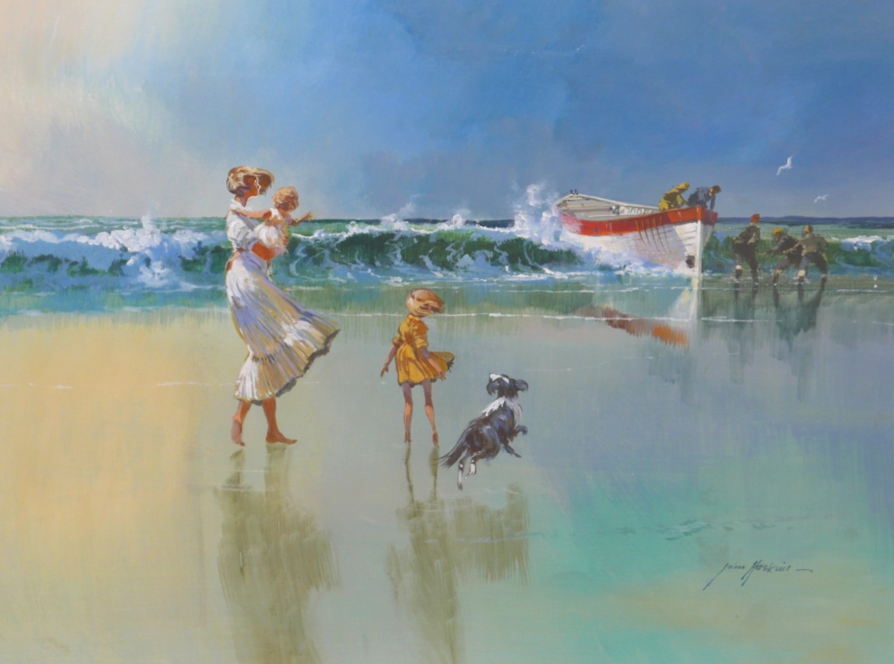John Haskins (b. 1938) coastal scene 38.5 by 51.2 cm, glazed and framed 60 by 75.5cm.
