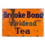 An Edwardian Brooke Bond enamel sign, blue and green lettering on orange background, 51 by 76cm.