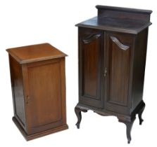 An Edwardian mahogany music cabinet with cabriole legs, 54.5 by 40.5 by 112cm high, together with