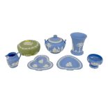 A group of Wedgwood jasperware, comprising vase, lidded sucrier, milk jug, heart shaped dish,