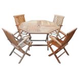 A teak garden set by Hard Woodstock Ltd., comprising an octagonal table, 120.5 by 120.5 by 75.5cm